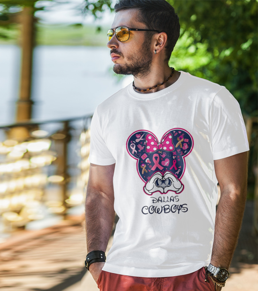 Minnie Mouse Pink Ribbon Heart Hands Dallas Cowboys Breast Cancer Awareness T-Shirt