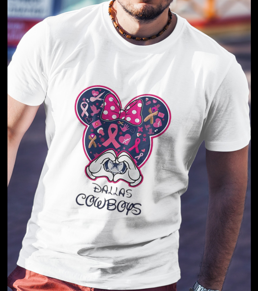 Minnie Mouse Pink Ribbon Heart Hands Dallas Cowboys Breast Cancer Awareness T-Shirt