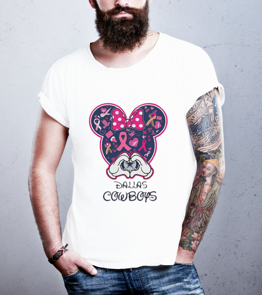 Minnie Mouse Pink Ribbon Heart Hands Dallas Cowboys Breast Cancer Awareness T-Shirt