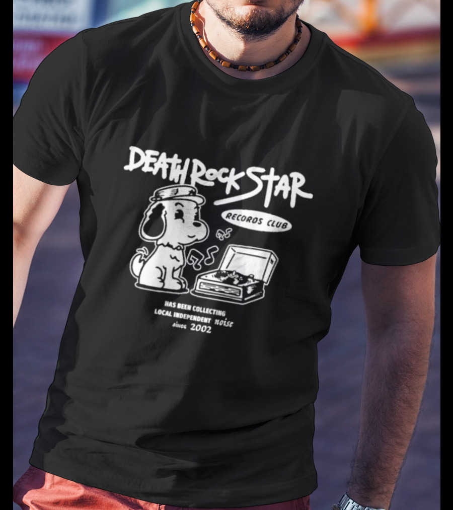 Death Rock Star Records Club Collecting Local Independent Noise Since 2002 Vintage Dog And Vinyl Player T-Shirt