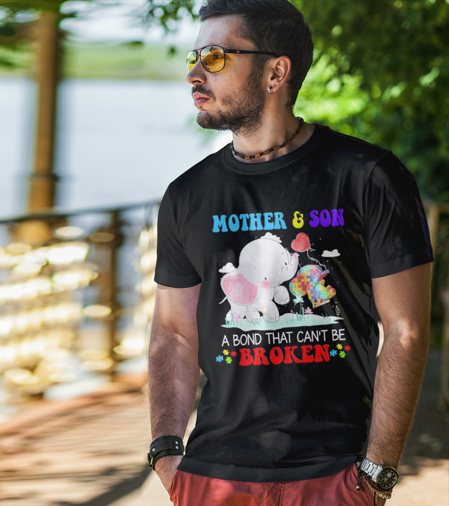 Mother And Son Elephants Autism Puzzle Heart A Bond That Can't Be Broken T-Shirt