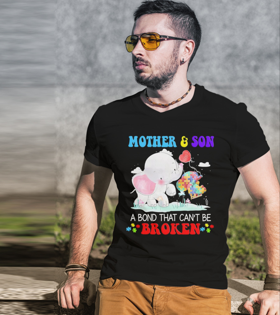Mother And Son Elephants Autism Puzzle Heart A Bond That Can't Be Broken T-Shirt