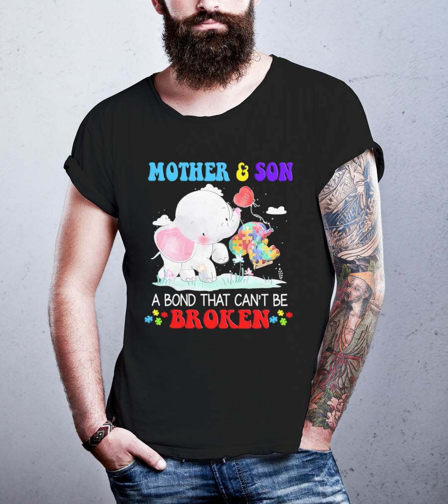Mother And Son Elephants Autism Puzzle Heart A Bond That Can't Be Broken T-Shirt