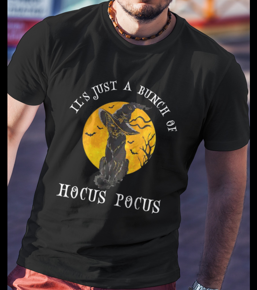 It's Just A Bunch Of Hocus Pocus Halloween Black Cat And Witch Hat With Full Moon T-Shirt