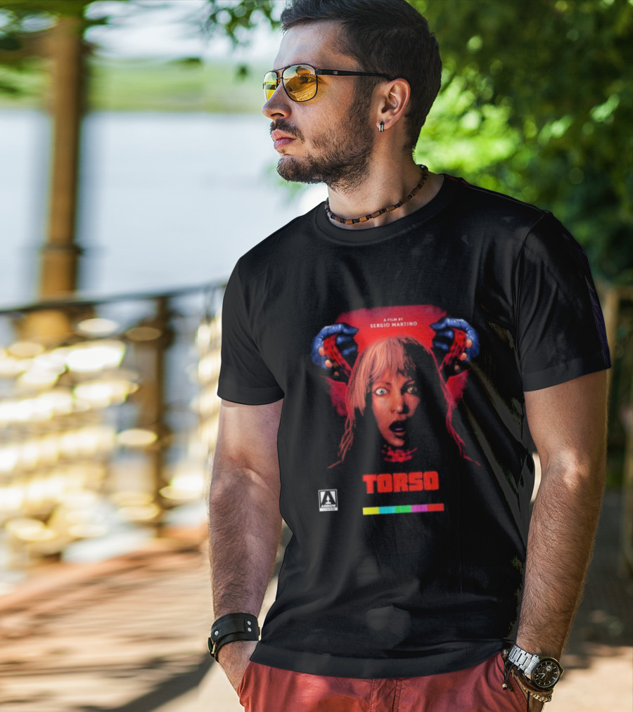 A Film By Sergio Martino Torso Horror Classic With Frightened Woman And Hands In Red And Blue T-Shirt