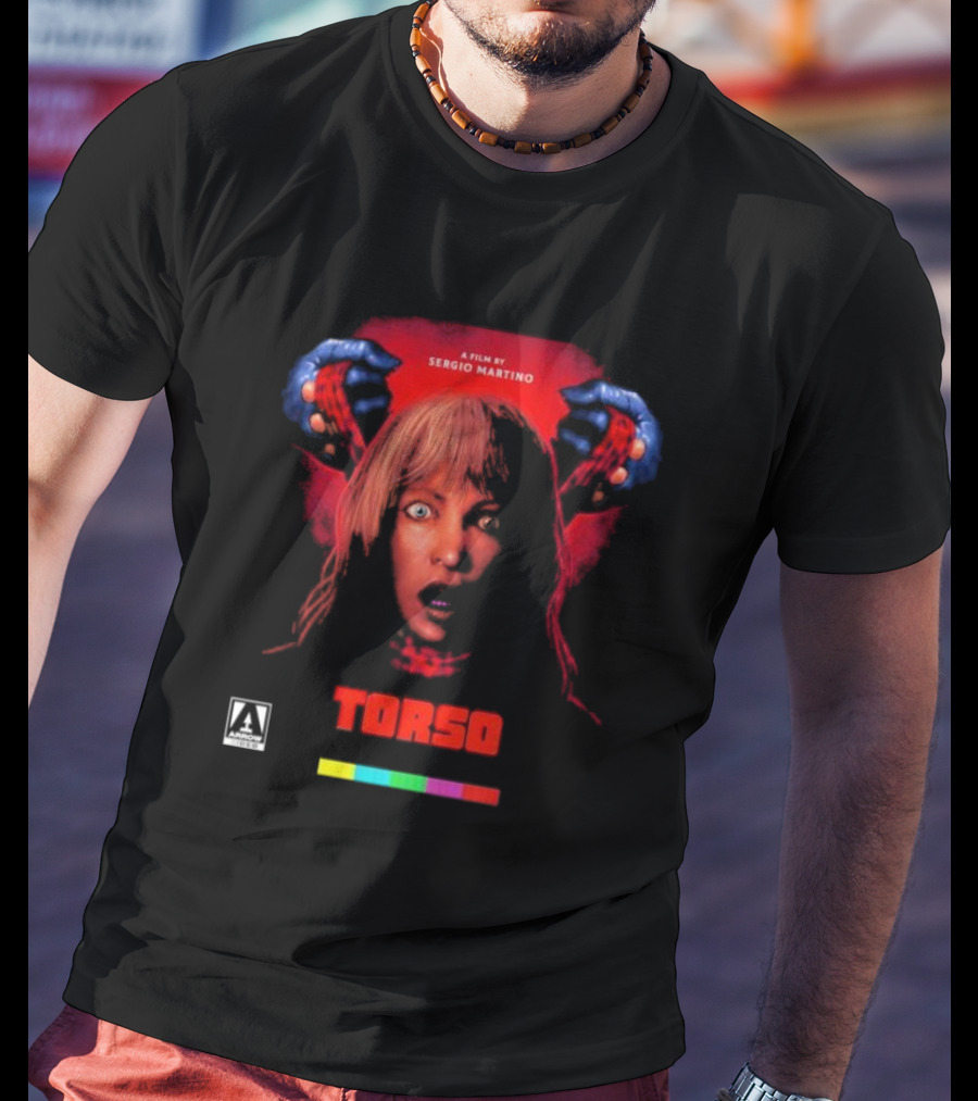 A Film By Sergio Martino Torso Horror Classic With Frightened Woman And Hands In Red And Blue T-Shirt