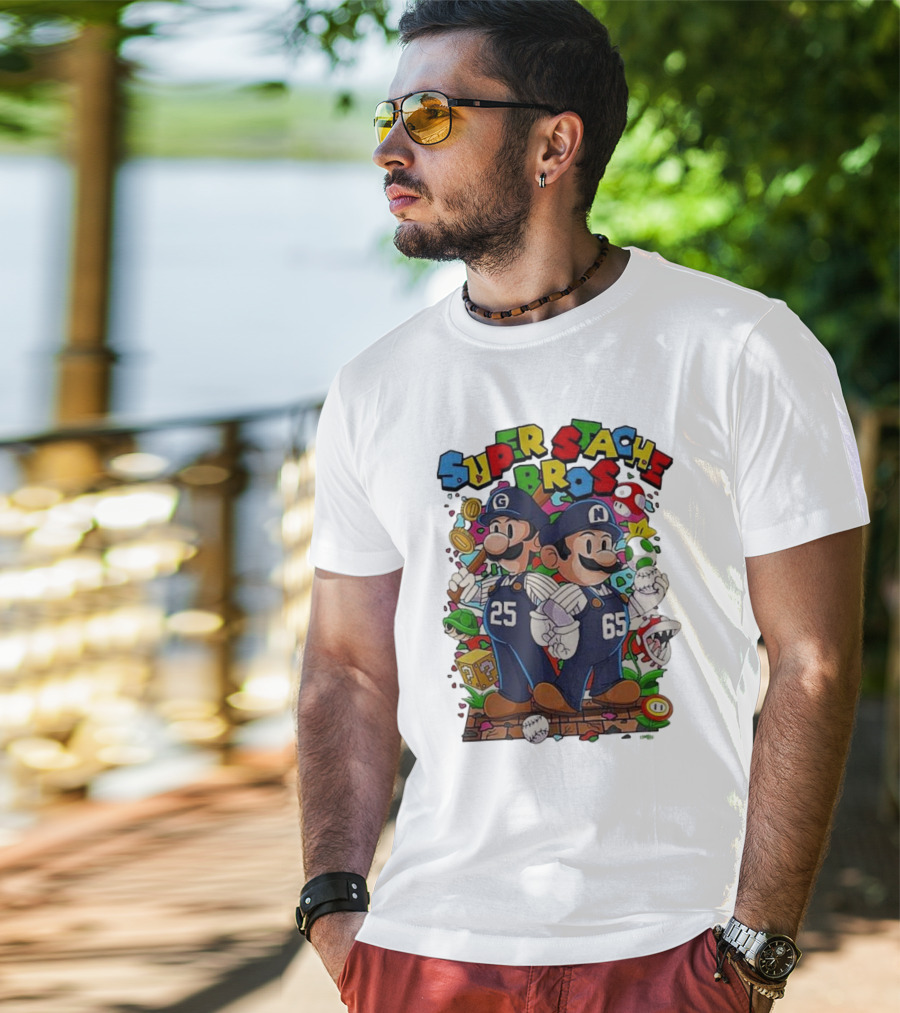 Super Stache Bros Numbers 25 And 65 Baseball Mario T-Shirt
