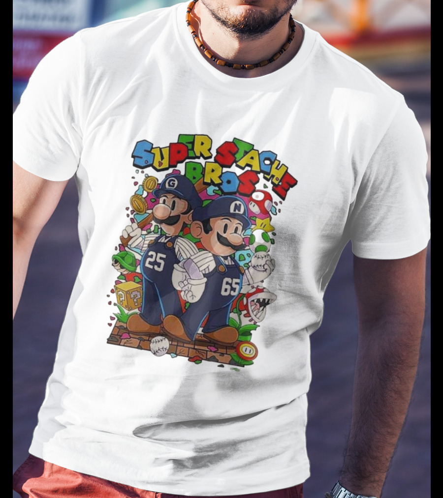 Super Stache Bros Numbers 25 And 65 Baseball Mario T-Shirt