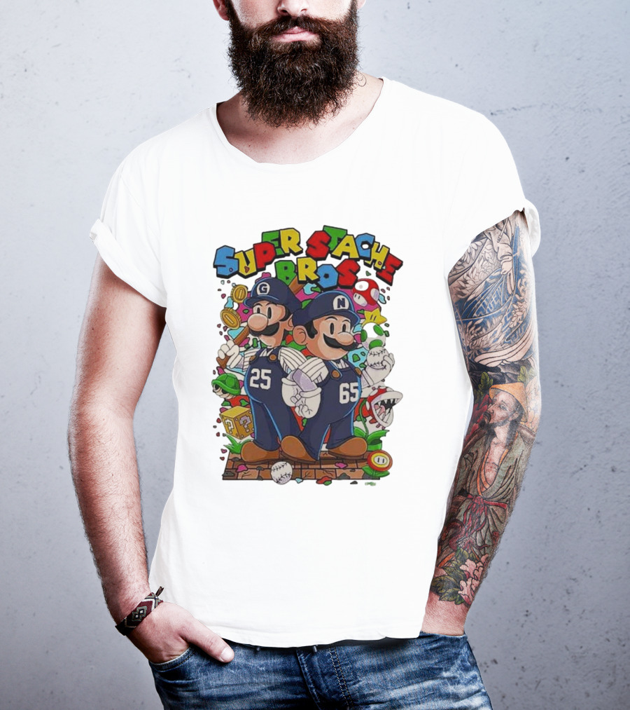 Super Stache Bros Numbers 25 And 65 Baseball Mario T-Shirt