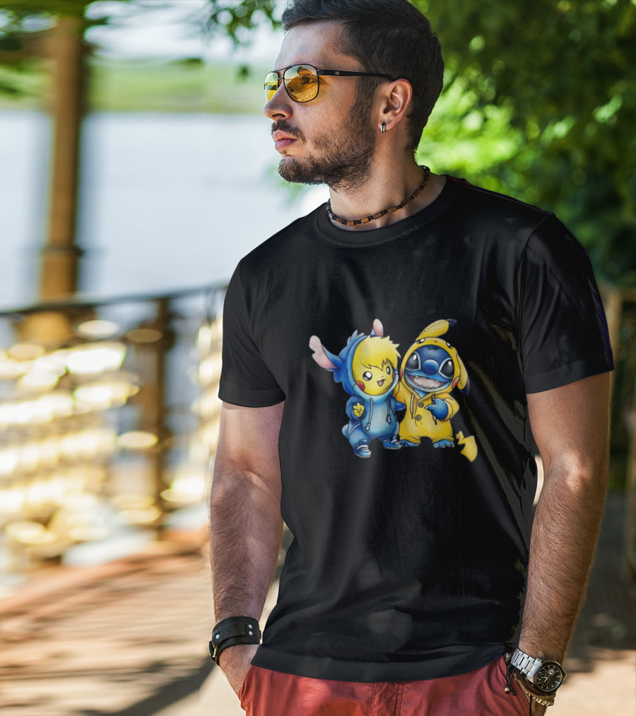Disney Lilo Stitch Pikachu Pokemon Crossover Character T-Shirt
