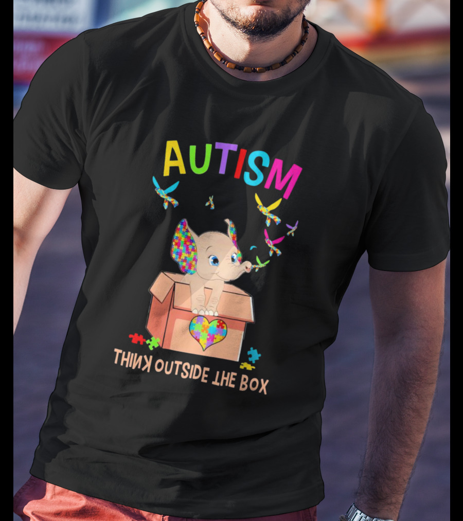 AUTISM Think Outside The Box Elephant With Puzzle Pieces And Butterflies T-Shirt