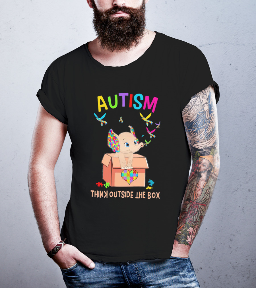 AUTISM Think Outside The Box Elephant With Puzzle Pieces And Butterflies T-Shirt