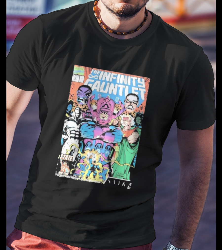 The Infinity Gauntlet Marvel Comics Cover Featuring Iconic Characters Galactus And Artistry T-Shirt