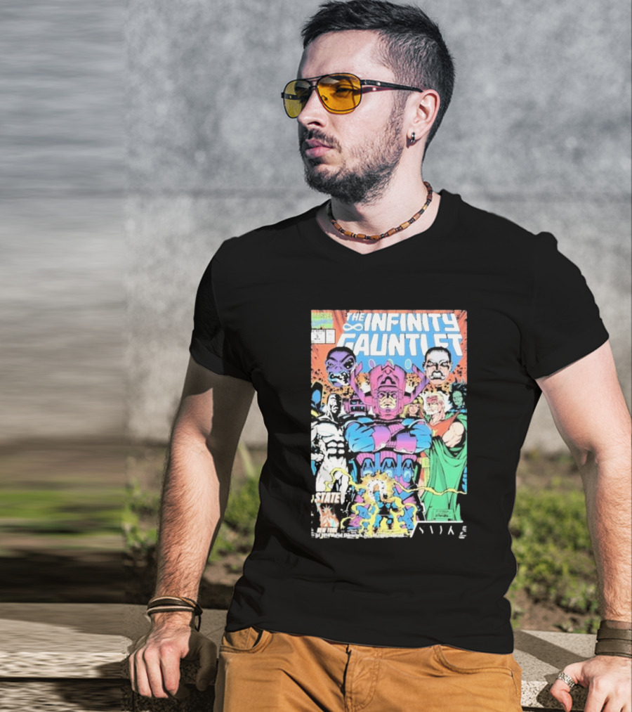 The Infinity Gauntlet Marvel Comics Cover Featuring Iconic Characters Galactus And Artistry T-Shirt