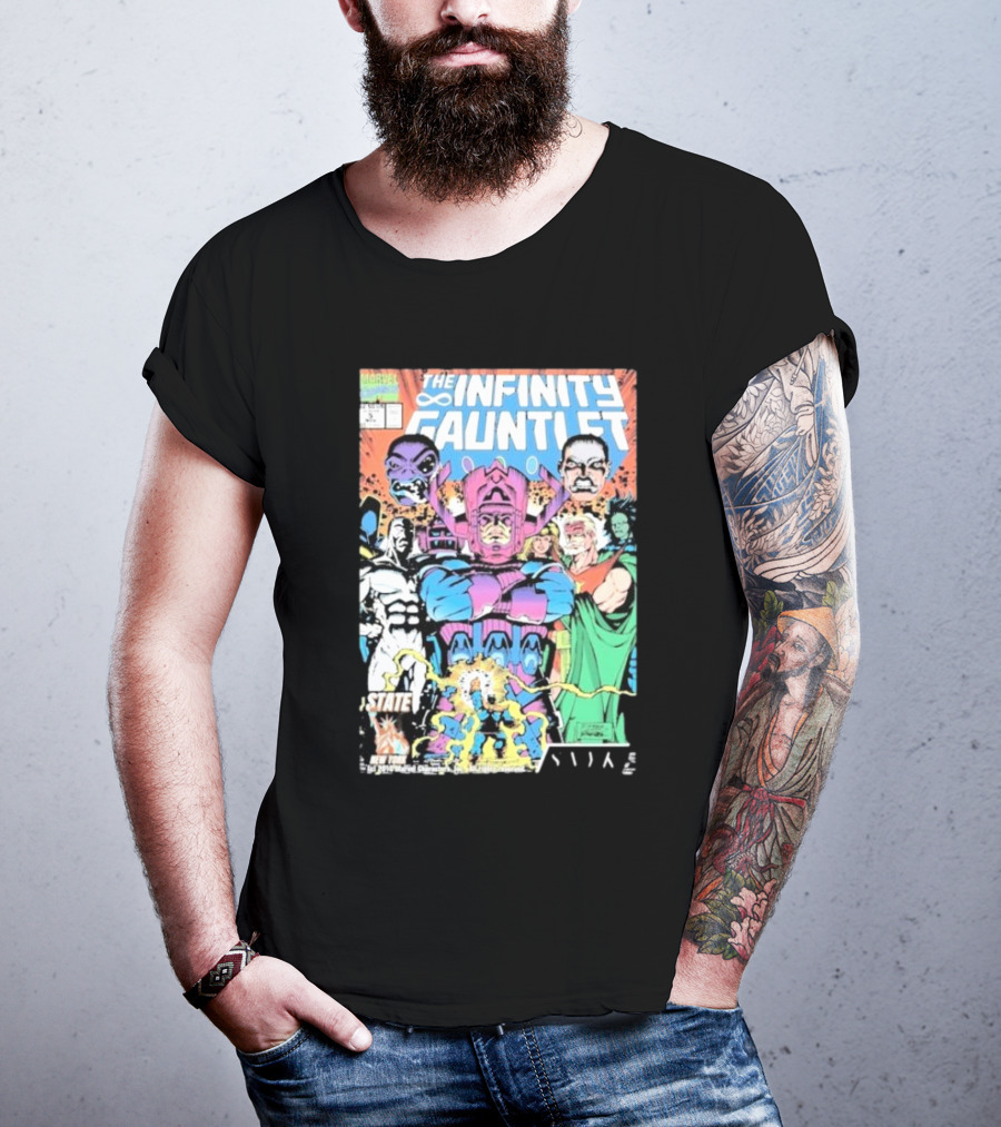 The Infinity Gauntlet Marvel Comics Cover Featuring Iconic Characters Galactus And Artistry T-Shirt