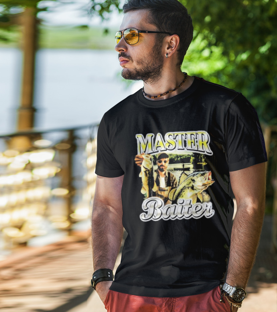 MASTER BAITER Fisherman Holding Fish In Lake Scene T-Shirt