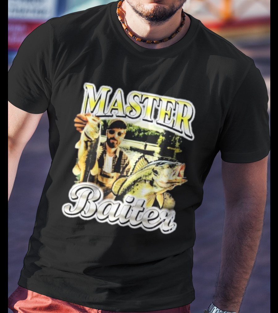 MASTER BAITER Fisherman Holding Fish In Lake Scene T-Shirt