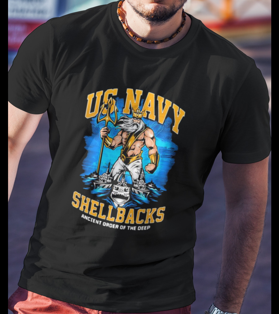 US Navy Shellbacks Poseidon Ancient Order Of The Deep With Battleship T-Shirt