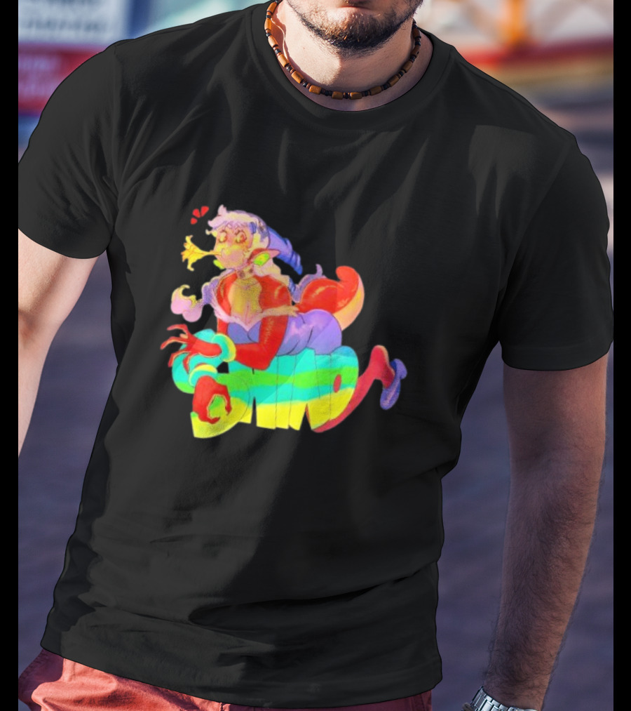 Shinto Decals Vibrant Dragon Monster Girl With Rainbow CHINO Text T-Shirt