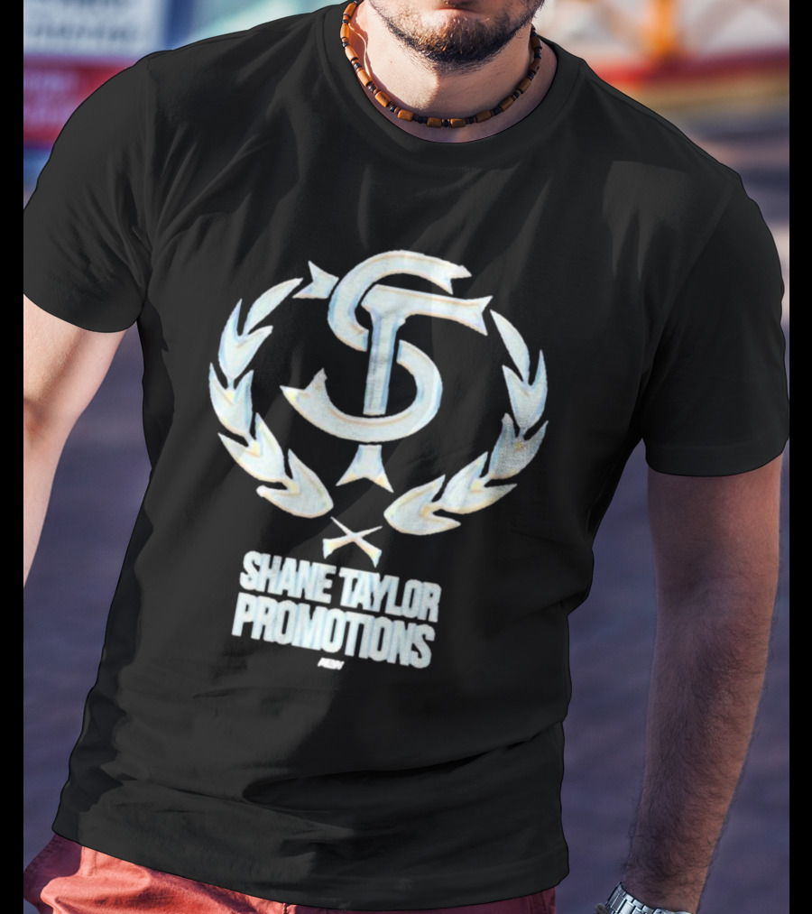 Shane Taylor Promotions ST Logo With Wreath Symbol Above AEW Text T-Shirt