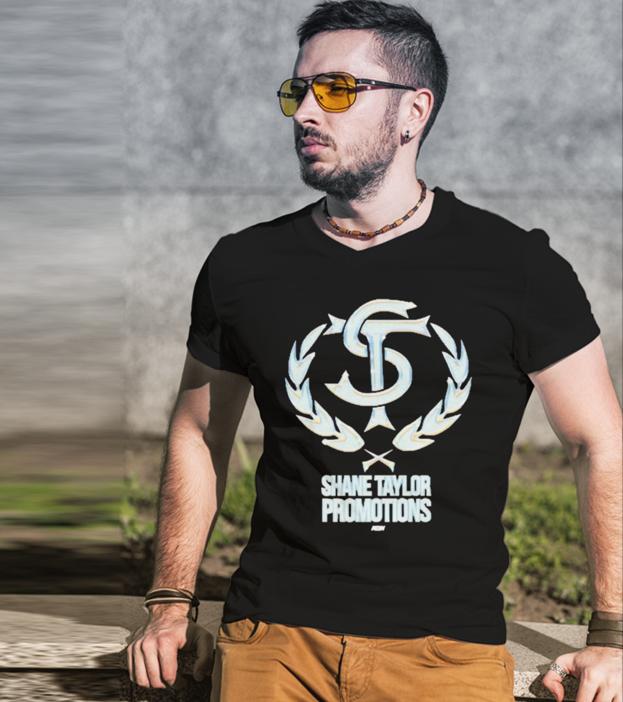 Shane Taylor Promotions ST Logo With Wreath Symbol Above AEW Text T-Shirt
