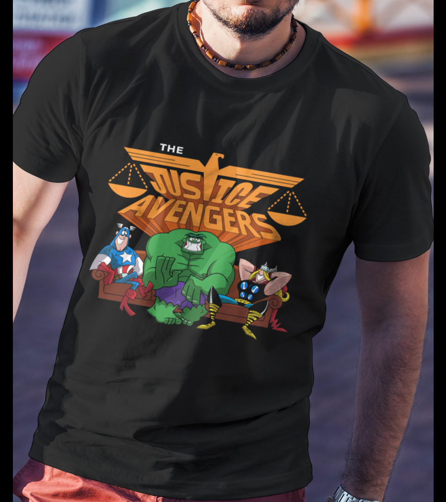 The Justice Avengers Hero Parody Featuring Scales Of Justice And Warrior Figures T-Shirt