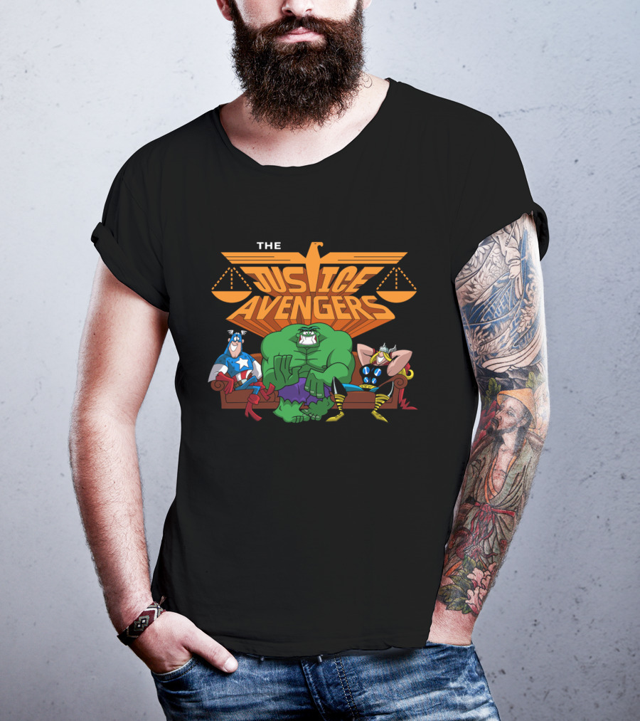 The Justice Avengers Hero Parody Featuring Scales Of Justice And Warrior Figures T-Shirt
