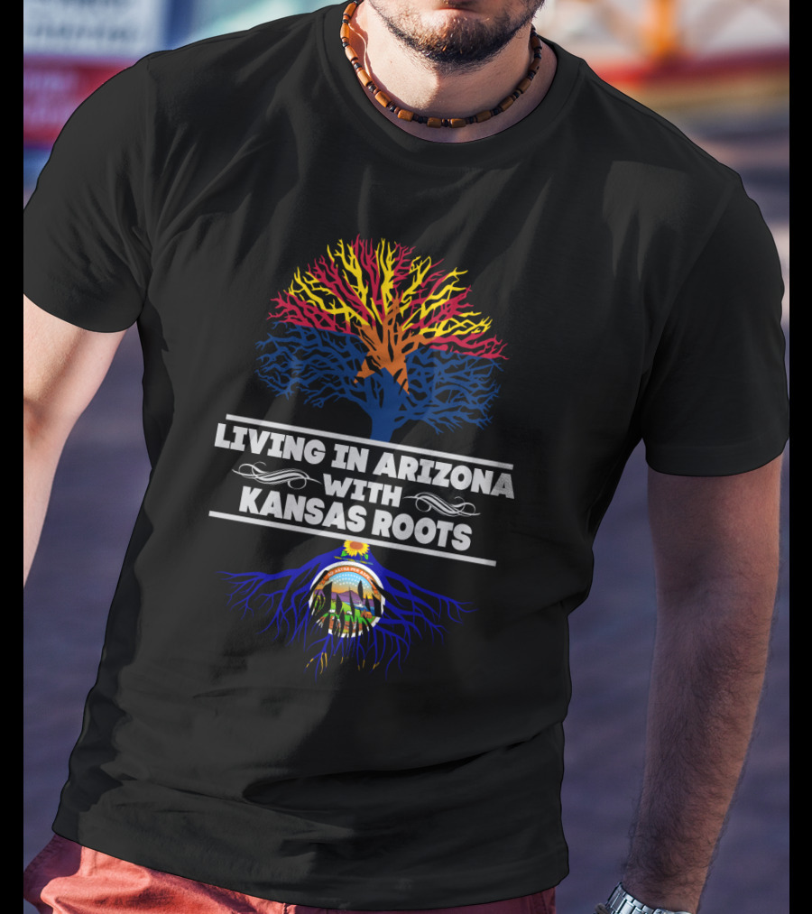 Living In Arizona With Kansas Roots Tree Design Featuring State Colors T-Shirt