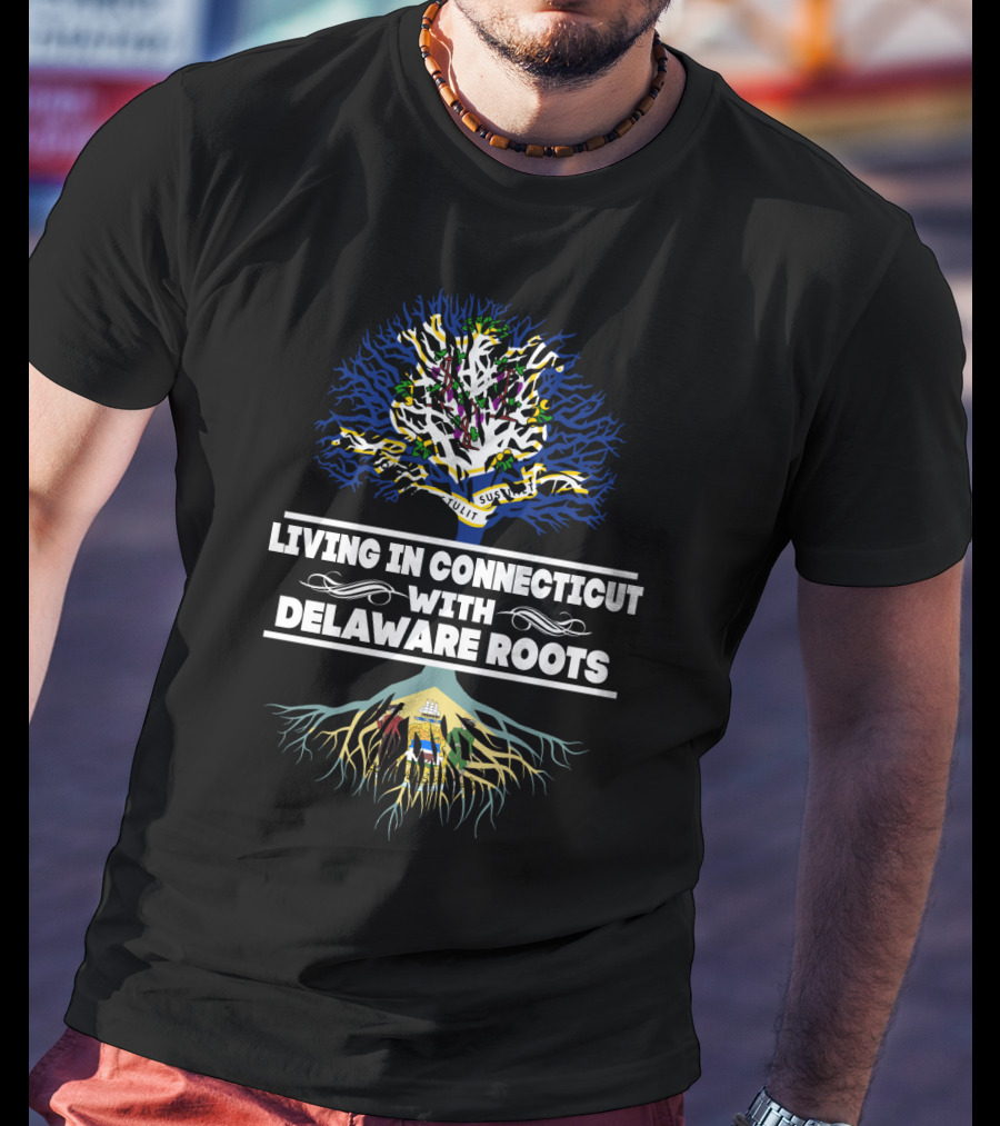 Living In Connecticut With Delaware Roots State Tree And Flag Elements T-Shirt