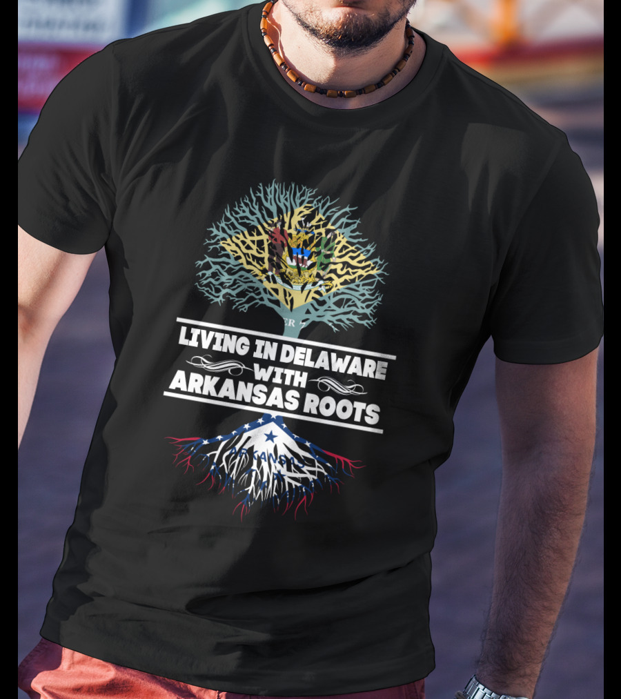 Living In Delaware With Arkansas Roots Tree Design Featuring Intertwined State Flags T-Shirt