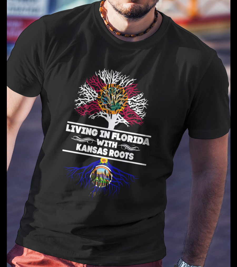 Living In Florida With Kansas Roots Tree Design Featuring State Flags T-Shirt