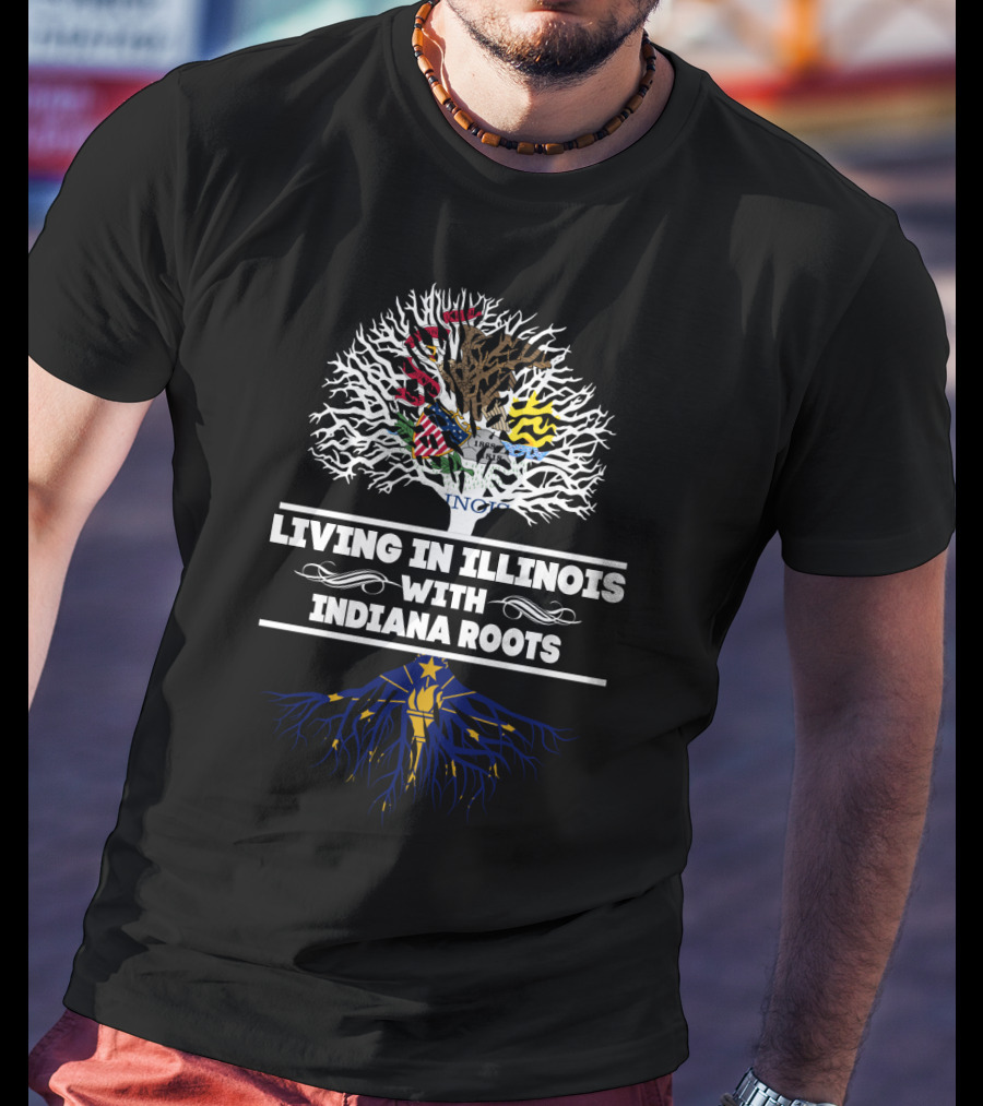 Illinois Living With Indiana State Flag Roots Tree T-Shirt