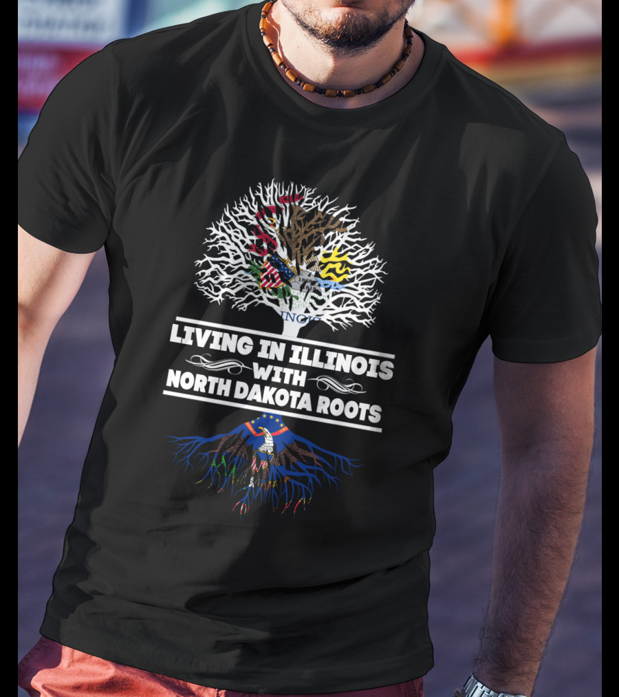 Living In Illinois With North Dakota Roots State Flags Tree T-Shirt