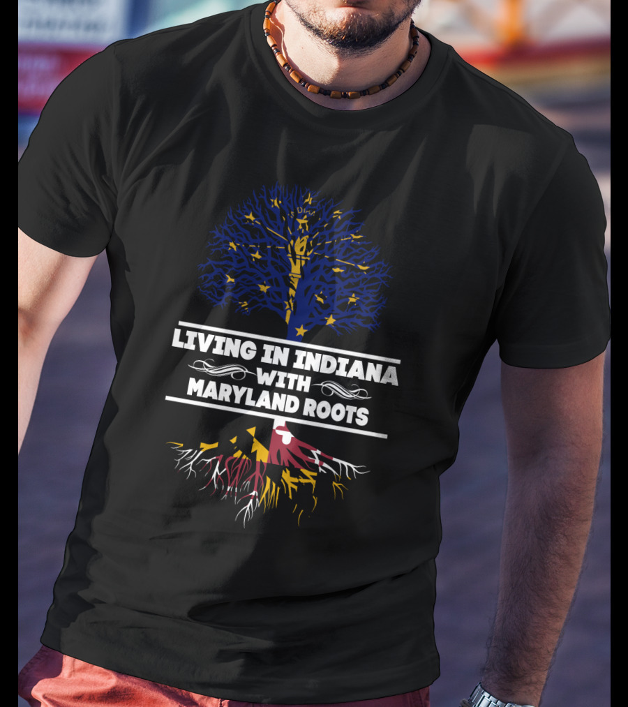Indiana Living With Strong Maryland Roots Featuring State Flag Colors Of Blue And Yellow Tree T-Shirt