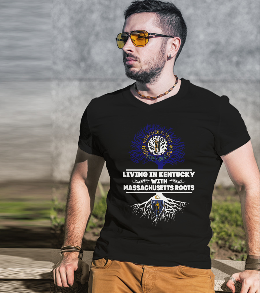 Living In Kentucky With Massachusetts Roots Tree Art Featuring Kentucky And Massachusetts Seals T-Shirt