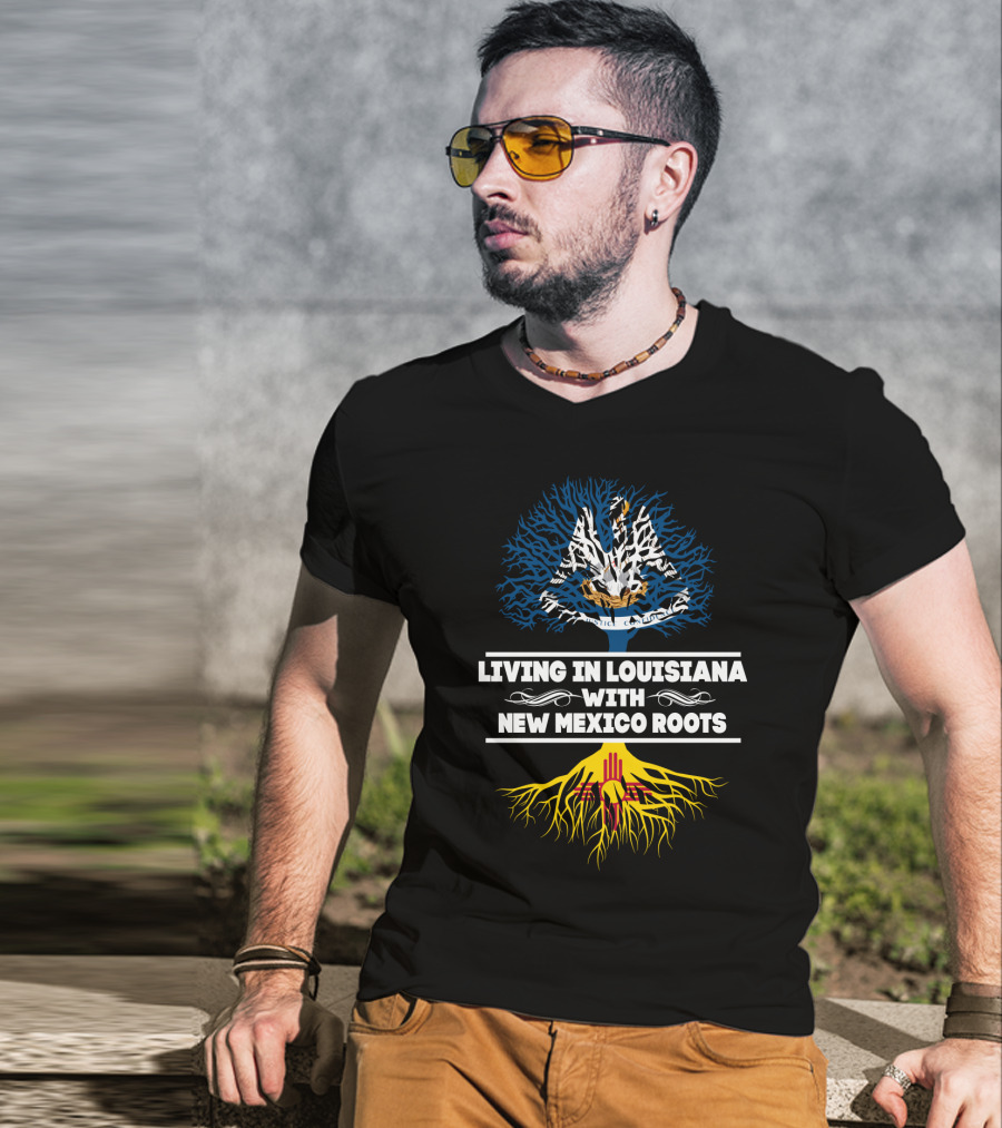 Louisiana Living With New Mexico Roots Featuring Pelican And Zia Symbol Tree T-Shirt