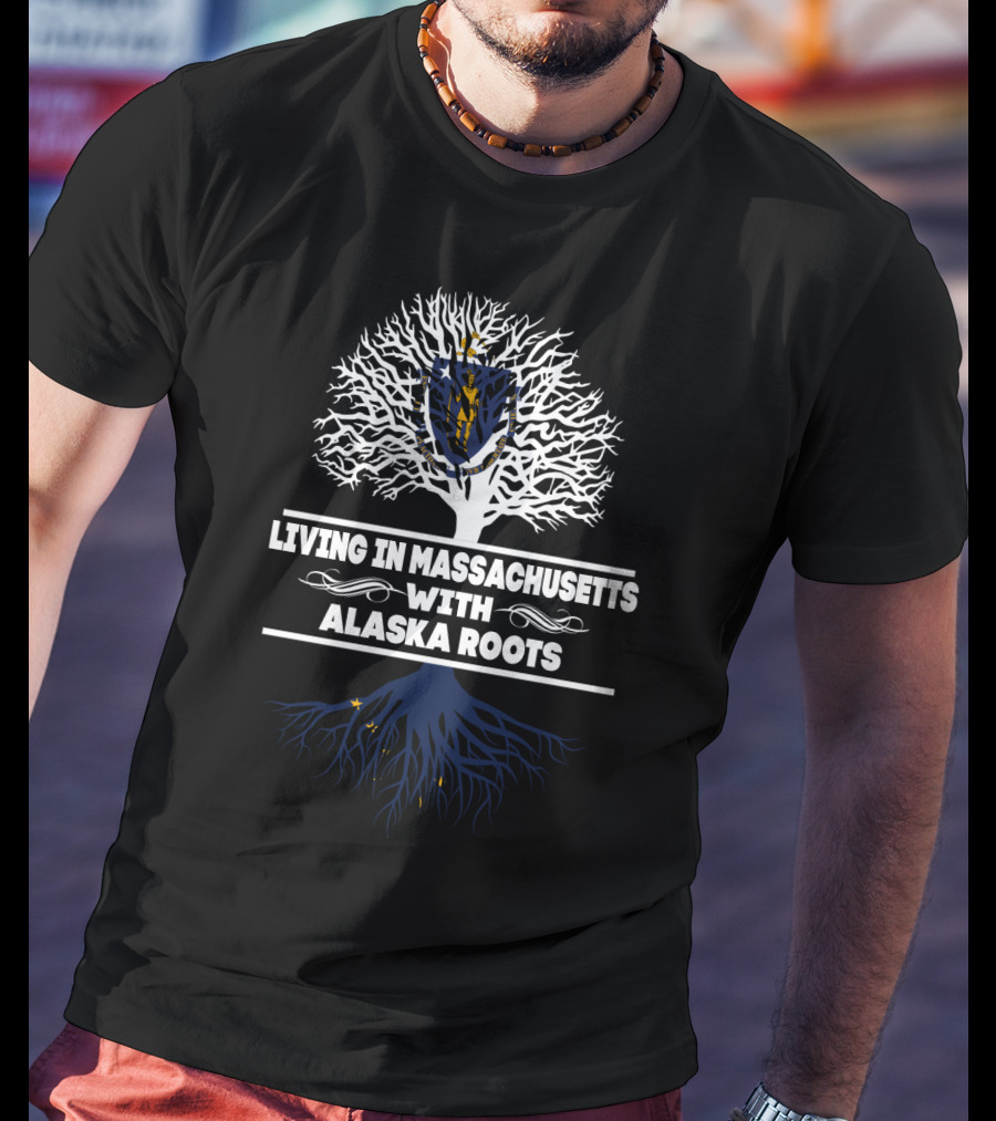 Massachusetts Living With Alaska Roots Tree Graphic Featuring State Symbols And Flags T-Shirt