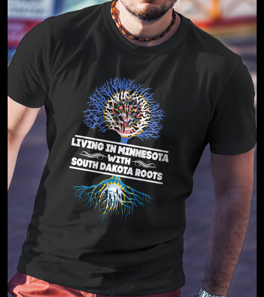 Living In Minnesota Featuring State Emblems With South Dakota Roots Heritage T-Shirt
