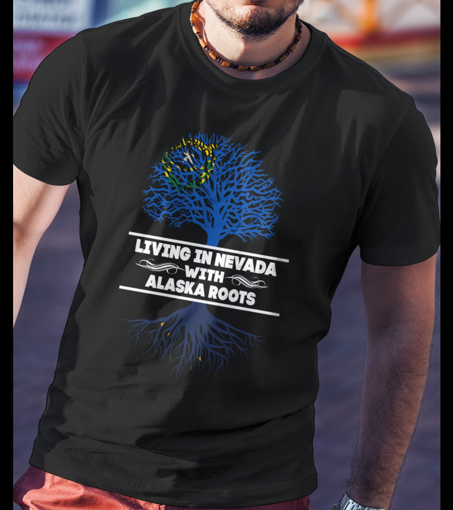 Living In Nevada With Alaska Roots Decorative Blue Tree And Yellow Stars T-Shirt