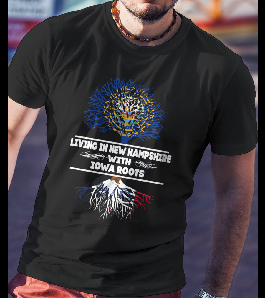 New Hampshire And Iowa Connection Featuring State Flags And Tree Roots T-Shirt