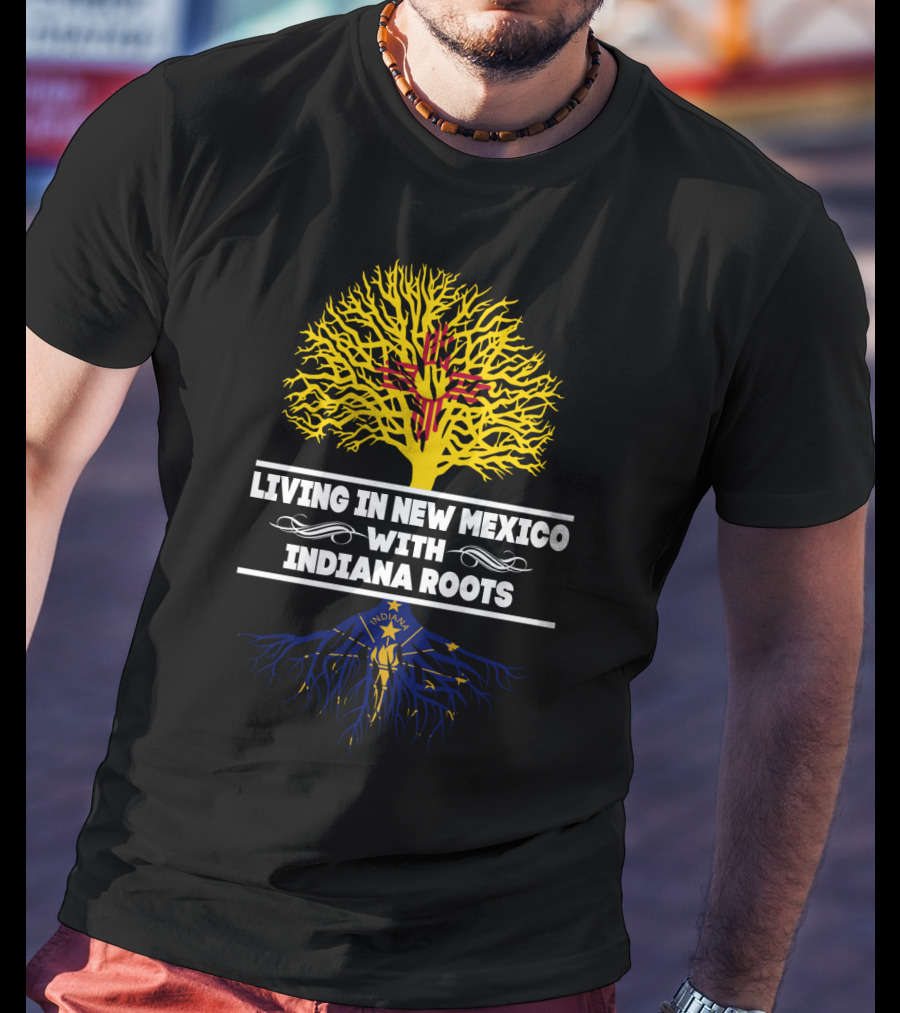 Living In New Mexico With Indiana Roots Featuring Zia Symbol And Torch Motif T-Shirt