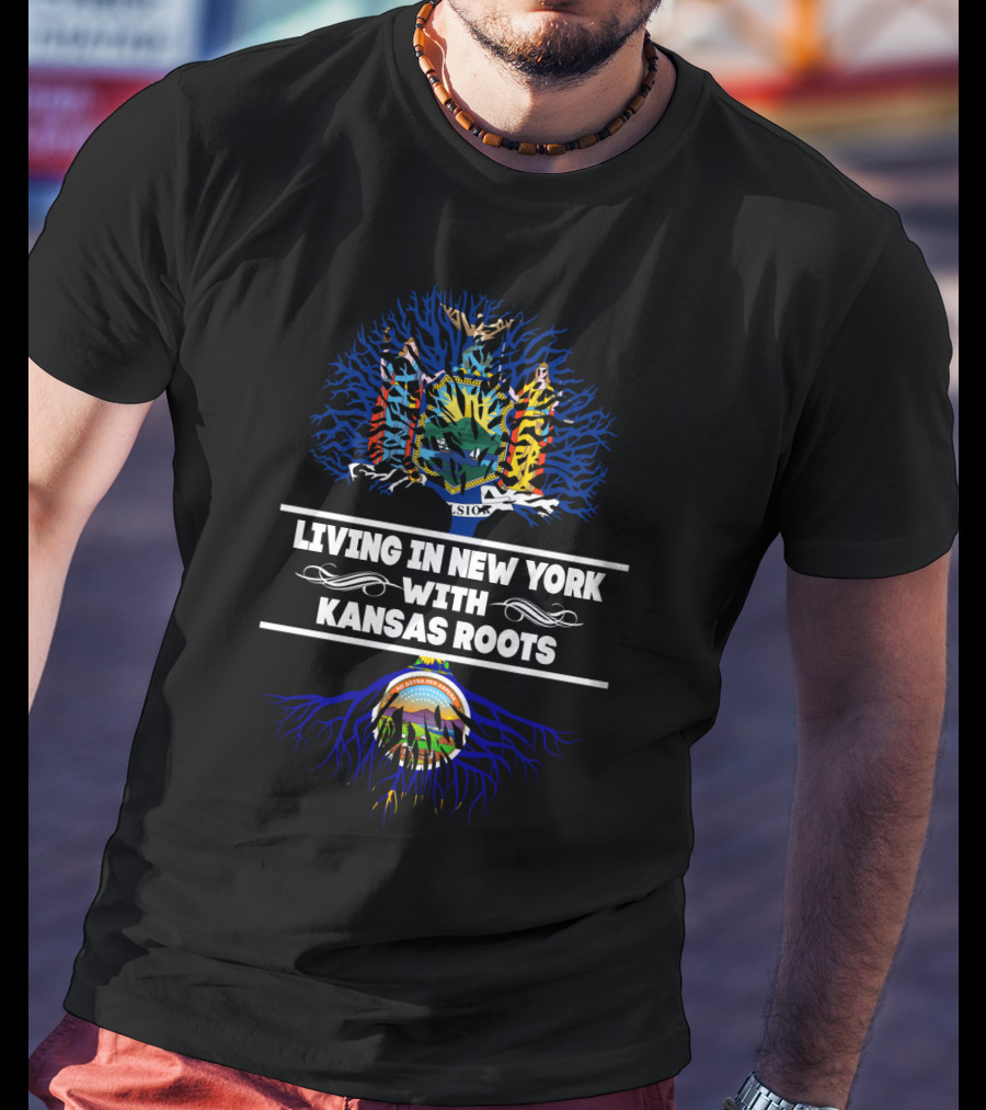 Living In New York With Kansas Roots Featuring State Seals And Tree T-Shirt