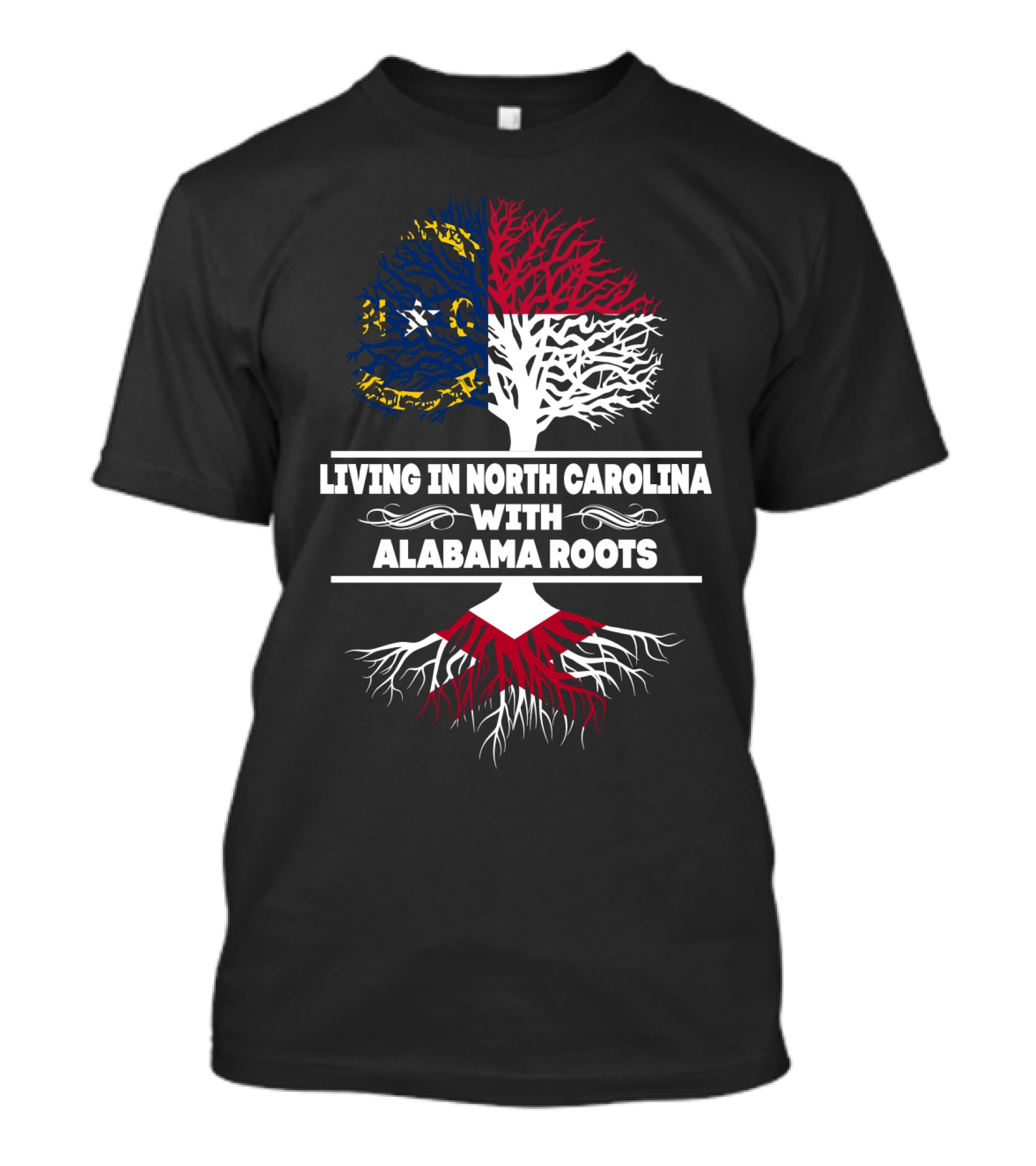 Living In North Carolina With Alabama Roots Tree Design With State Flag Colors T-Shirt