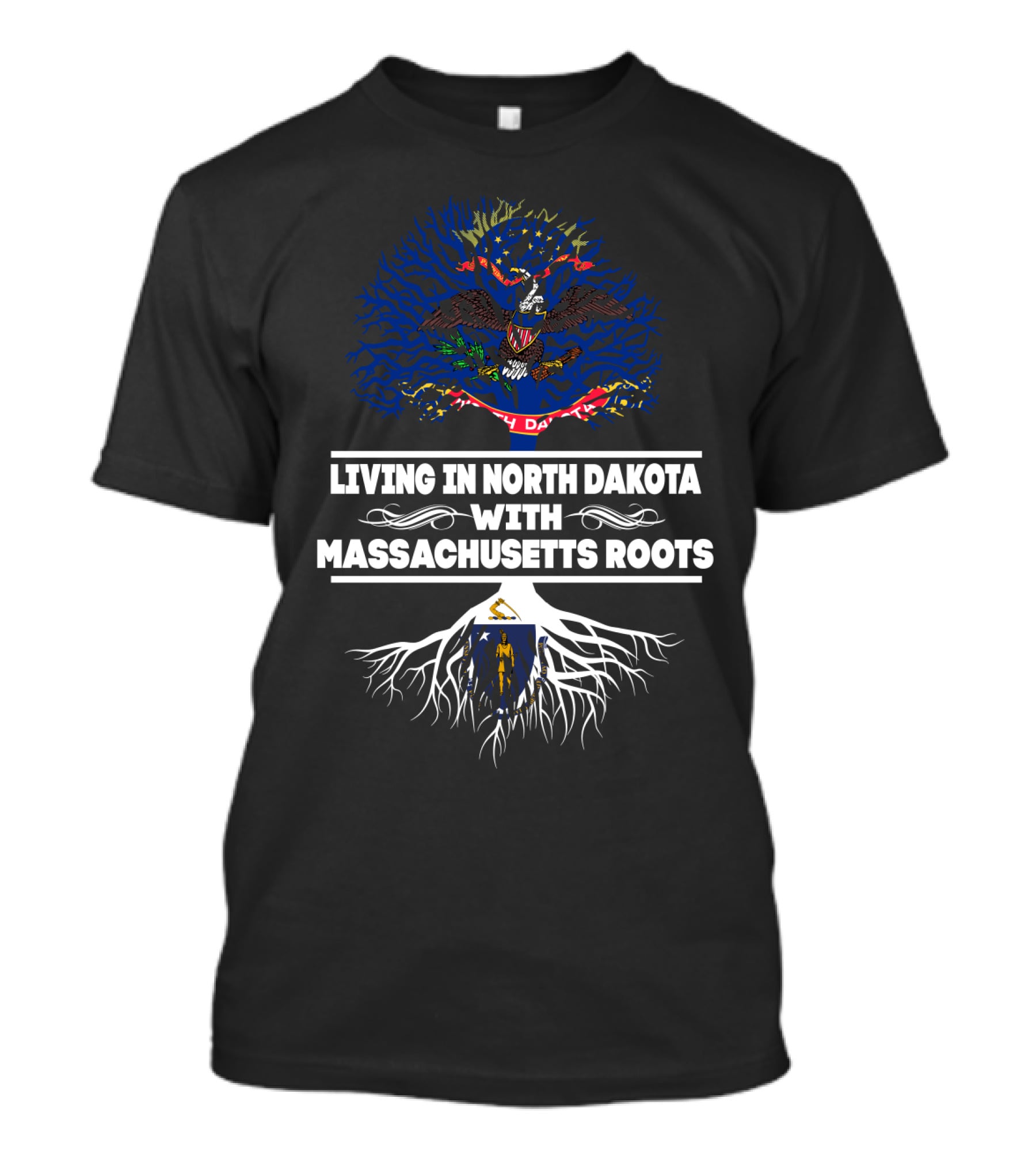 North Dakota Living With Massachusetts Roots And State Flags Tree T-Shirt