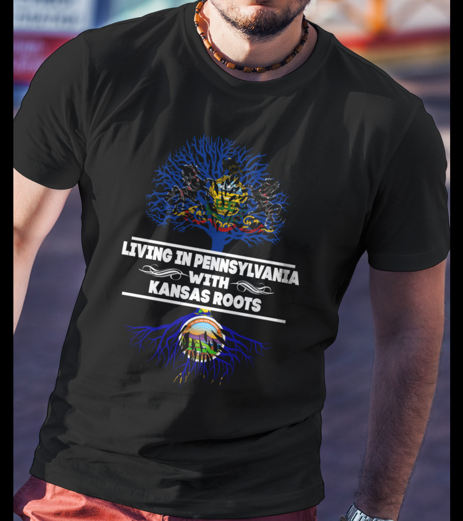 Pennsylvania Living Kansas Roots With Blue Tree And State Symbols T-Shirt