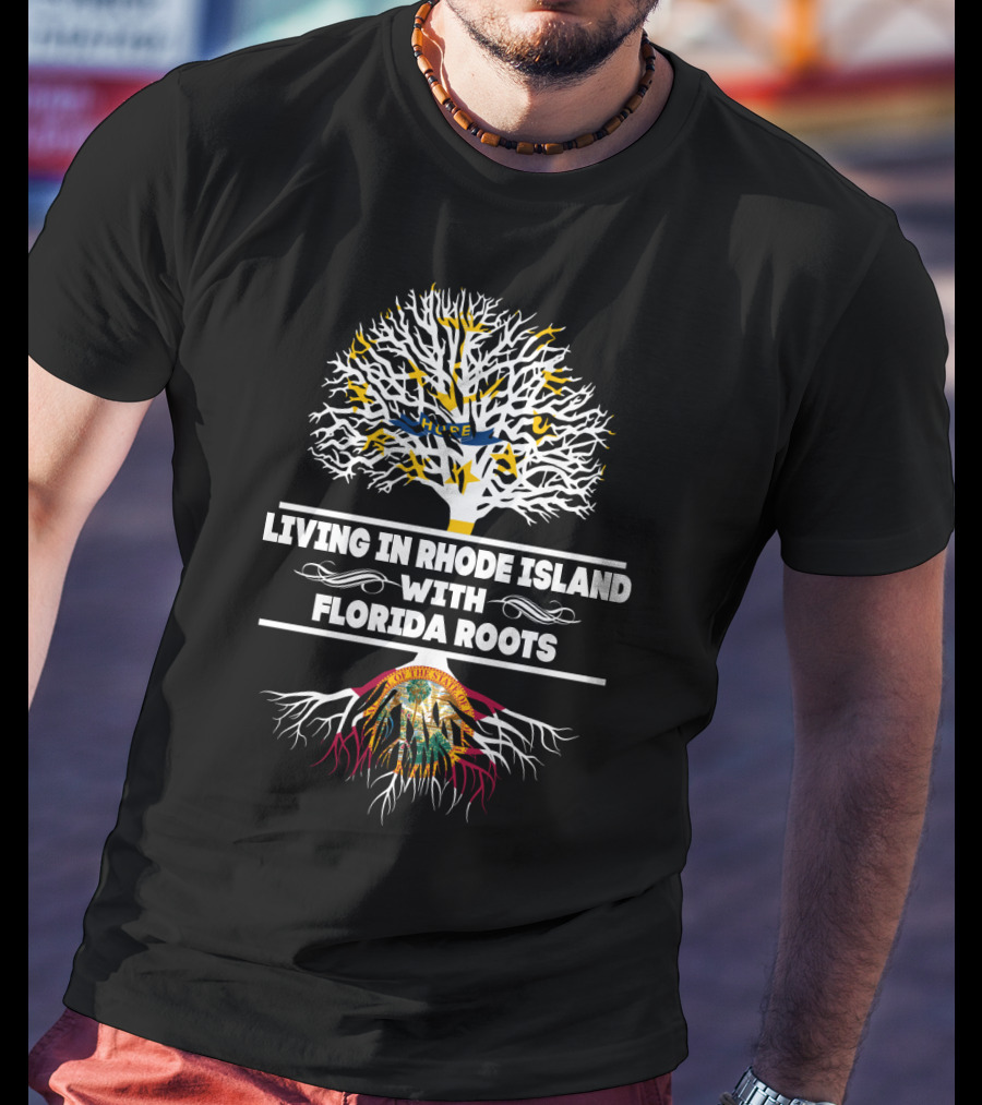 Rhode Island Living Florida Roots Tree Design With State Flags T-Shirt