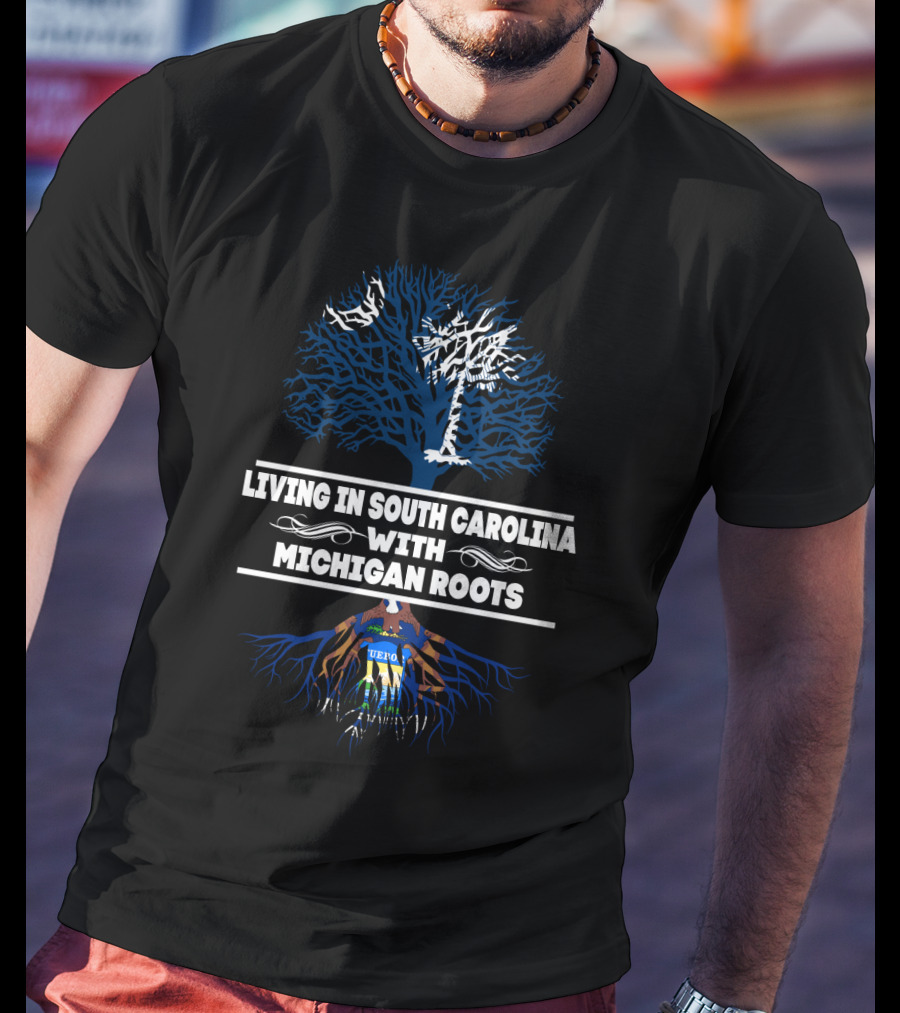Living In South Carolina With MICHIGAN Roots Tree Design Featuring Palmetto Camouflage And Seal Elements T-Shirt