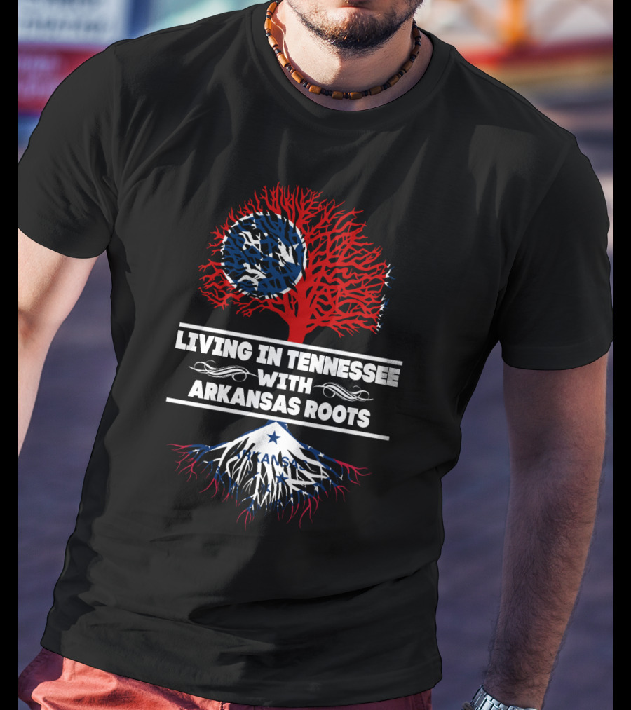 Tennessee Living With Arkansas Roots Red Tree Blue Roots Flag Motif T-Shirt