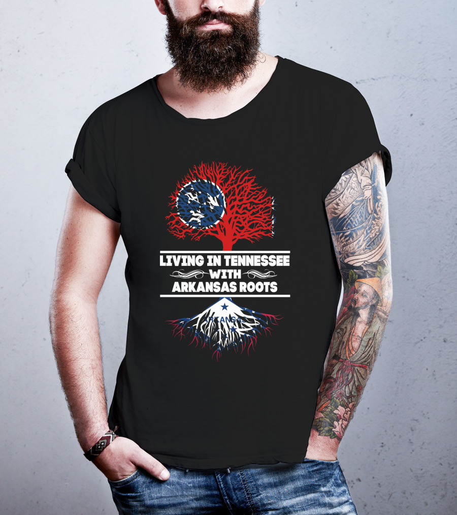 Tennessee Living With Arkansas Roots Red Tree Blue Roots Flag Motif T-Shirt