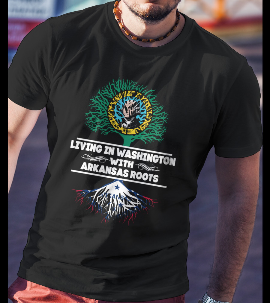 Living In Washington With Arkansas Roots Tree Design With Mount Rainier And Flag Elements T-Shirt